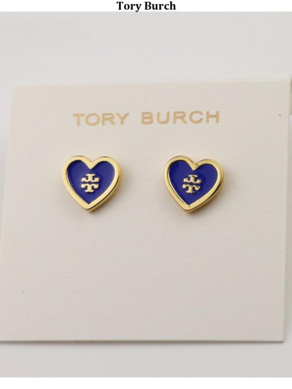 Tory Burch Gold-Trim Blue Heart Logo Stud Earrings
